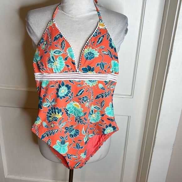 Ann Taylor Loft Swim Orange Floral One Piece Swimsuit with Tassels Size 4 NWT - Picture 6 of 12